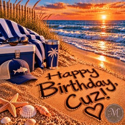 a beach scene with a sign that says happy birthday cuz !