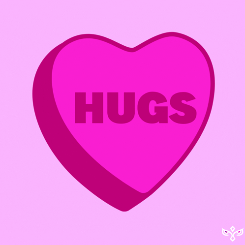 a pink heart with the words hugs written on it