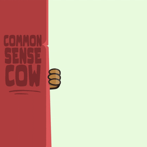 a cartoon cow holding a piece of paper behind a sign that says " common sense cows "