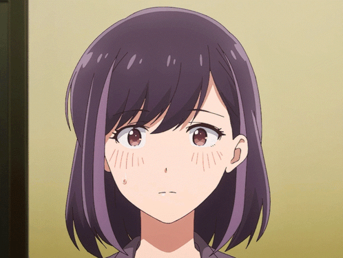 Blushing purple-haired anime girl looks down shyly.