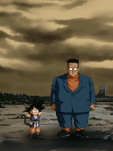 a cartoon of a man and a boy standing next to each other in a field
