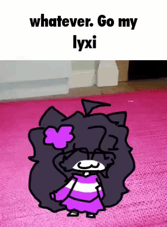 A dark purple cartoon character dances under the caption “whatever. Go my lyxi.”