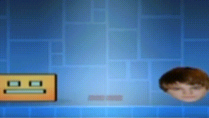 a blurry picture of a person 's head on a blue background with a yellow sign .