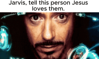 a close up of a man 's face with the caption jarvis tell this person jesus loves them .