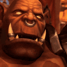 A fierce green orc stares sideways in a fiery fantasy setting.