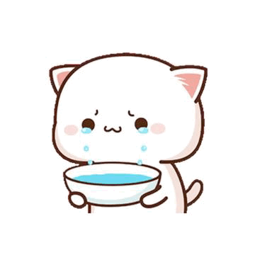 A white cartoon cat sheds tears while holding a blue bowl.