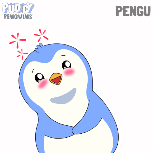 A blue penguin tilts its head shyly against a white background.