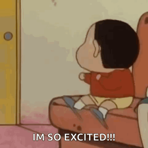 Shin-chan sits on a chair and looks toward a doorway with the caption “I'M SO EXCITED!!!”.