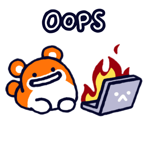 A cheerful orange hamster gestures toward a flaming laptop beneath “OOPS.”