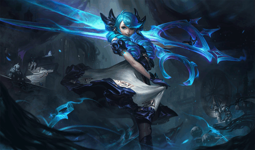 a painting of a girl with blue hair and a sword