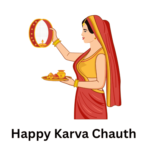 a woman is holding a tray of food and a candle and the words happy karva chauth are below her