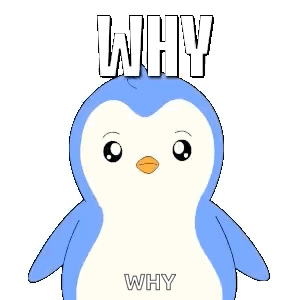 A blue penguin cartoon looks up beneath the word “WHY.”