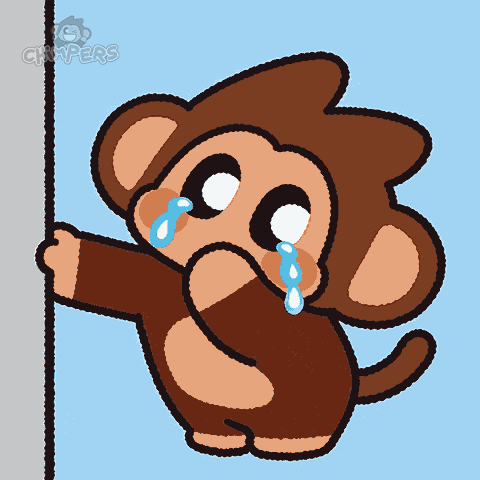 A crying cartoon monkey clings to a blue pole.