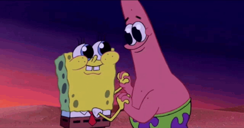SpongeBob and Patrick stand together looking startled and excited.