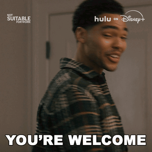 a man in a plaid shirt says " you 're welcome " in front of a disney logo