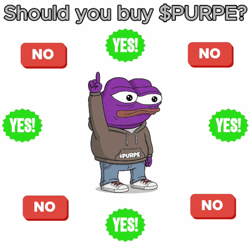 a purple frog in a brown hoodie pointing at a yes button