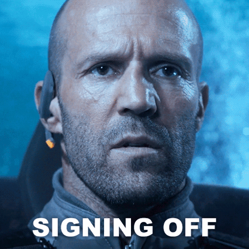 a close up of a man 's face with the words " signing off " below him