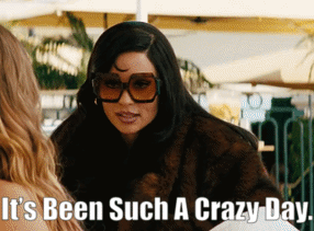 a woman wearing sunglasses and a fur coat says it 's been such a crazy day ..