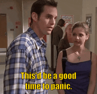 a man and a woman are standing in a hallway and the man says this 'd be a good time