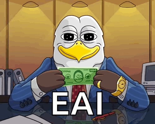 a cartoon of an eagle holding a 100 dollar bill with the word eai on it