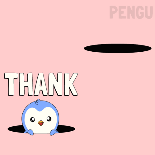 a pink background with two penguins peeking out of a hole and the words thank you