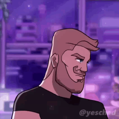 a cartoon of a man with a beard and a black shirt with the hashtag @yeschod