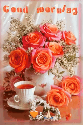 Red roses and a steaming cup decorate a “Good Morning” floral card.