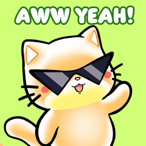 A sunglasses-wearing Mochi cat waves under “AWW YEAH!” text.