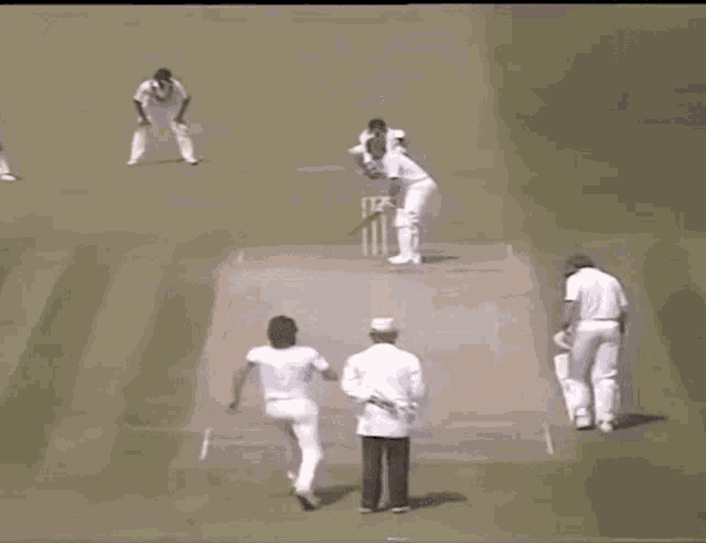 a group of people are playing a game of cricket and one of them is wearing a white hat