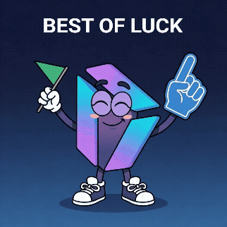 Colorful cartoon shapes cheer beneath “BEST OF LUCK.”