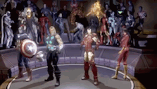 a group of superhero characters are standing in a circle in a room .