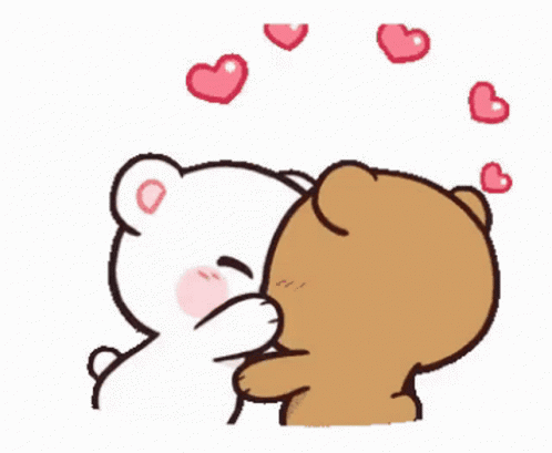Two cartoon animals hug amid pink hearts.