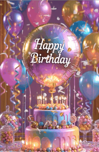 A glowing birthday cake with balloons displays a “Happy Birthday” greeting.