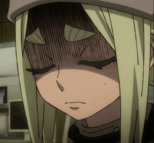 A blonde anime girl looks downward with shaded, tired eyes.