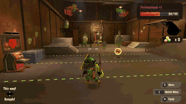 a screenshot of a video game that says this way on the bottom right