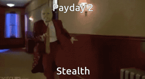 a man in a red suit is dancing in a hallway with the words payday 2 stealth written on the bottom