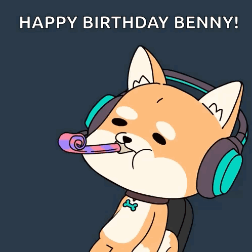 a cartoon dog wearing headphones blowing a party horn
