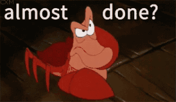 a cartoon of a lobster with the words " almost done " on the bottom