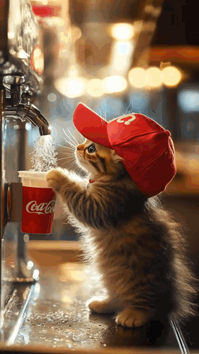 a kitten wearing a red hat is drinking water from a coca-cola cup