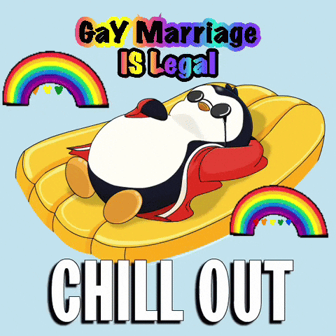 a penguin laying on a yellow raft with the words gay marriage is legal chill out