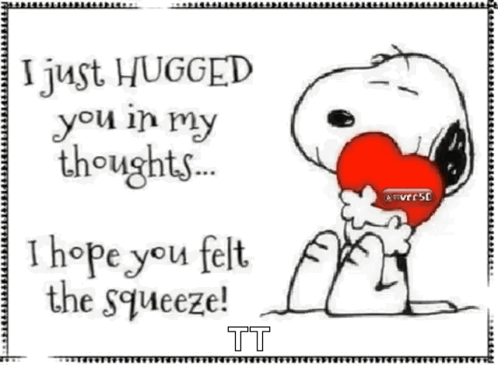 A Snoopy-like white dog holds a red heart beside a note about hugging in thoughts.