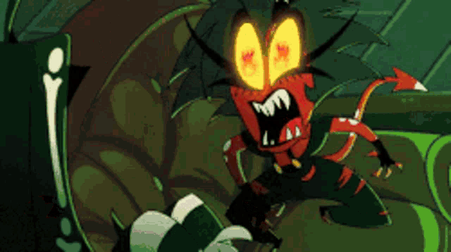a cartoon character with glowing eyes and sharp teeth is standing next to a green object .