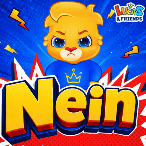 A crowned cartoon bear looks upset above the large German word “Nein.”