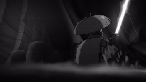 a black and white drawing of a robot with a light saber