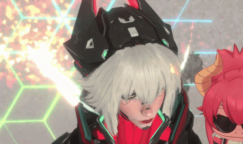 a girl with white hair is wearing a helmet that says ' x ' on it