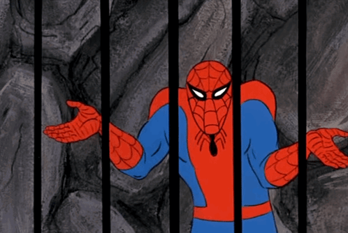 a cartoon of spider man behind bars with his hands outstretched