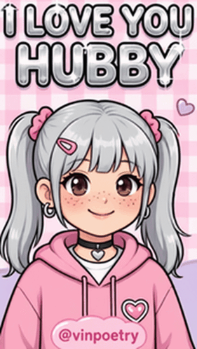 a girl in a pink hoodie with the words " i love you hubby " on it