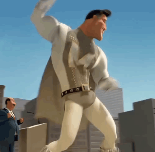 A giant animated man raises a fist in a city scene.