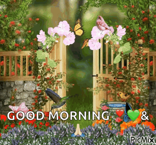 a picture of a garden with flowers and butterflies and the words `` good morning '' .