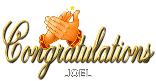 Gold script says “Congratulations JOEL” with illustrated clapping hands.